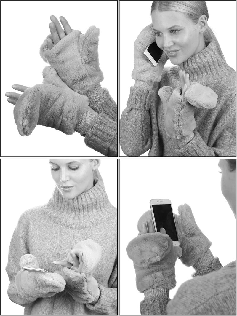 Cc قفازات نسائية من الفرو الصناعي بطول المعصم بدون أصابع مبطنة بشيربا قابلة للتحويل - Image 3